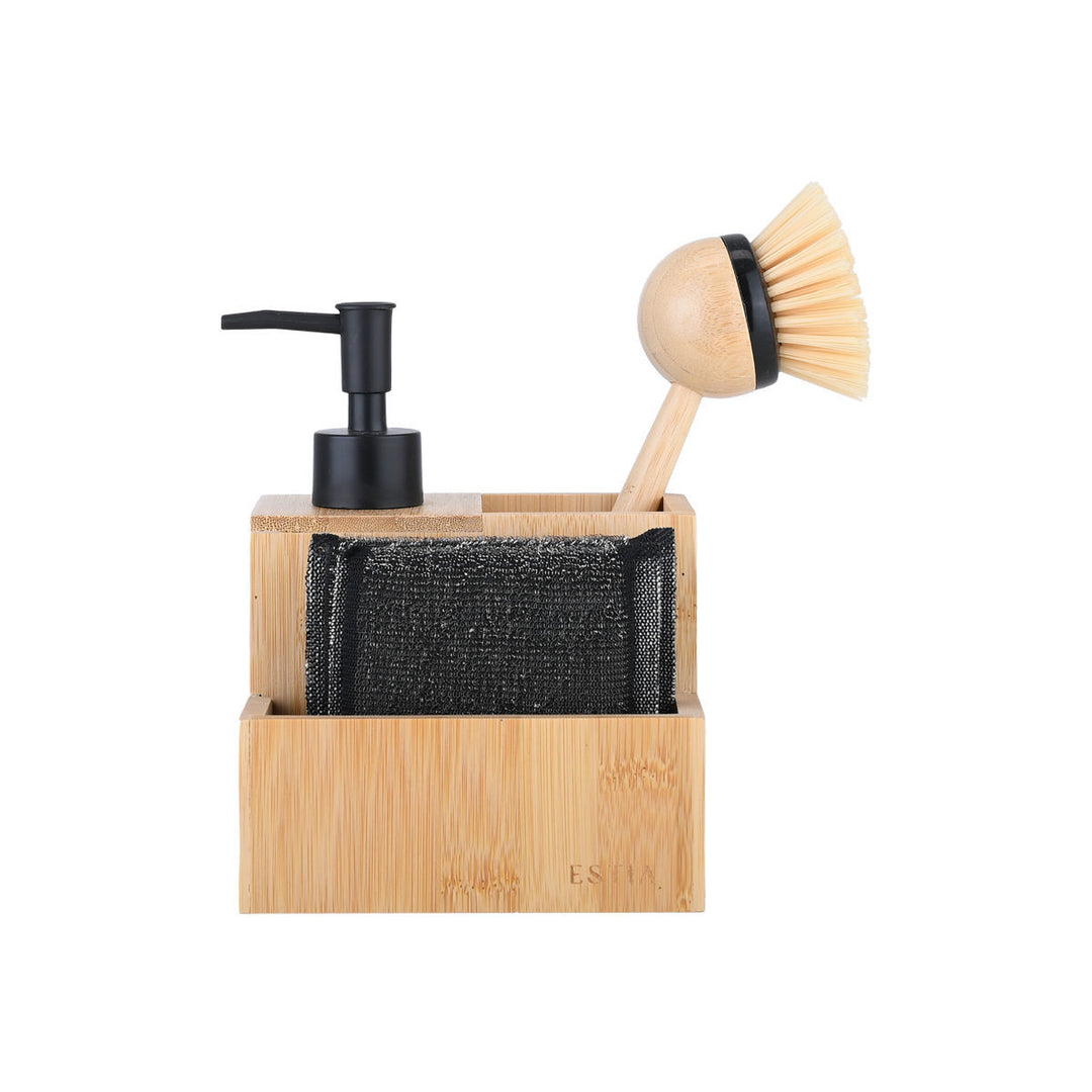 Σετ οργάνωσης νεροχύτη Bamboo Essentials της Estia με dispenser σαπουνιού, βούρτσα bamboo και θήκη σφουγγαριού.
