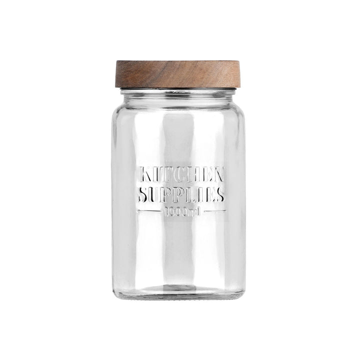 Γυάλινο δοχείο αποθήκευσης Kitchen Supplies με ανάγλυφη επιγραφή, διαφανές σώμα και καπάκι από φυσικό ξύλο, ιδανικό για κουζίνα.