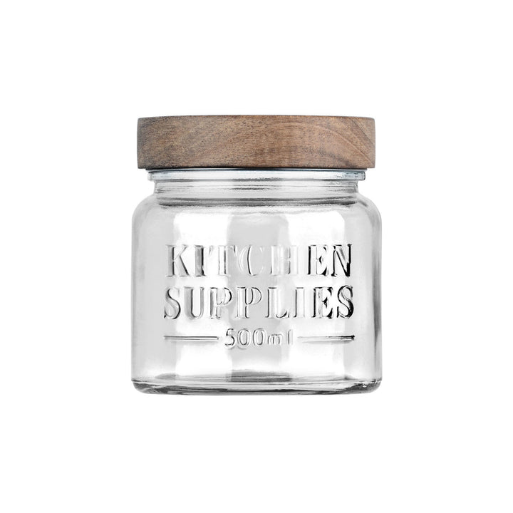 Γυάλινο δοχείο αποθήκευσης Kitchen Supplies με ανάγλυφη επιγραφή, διαφανές σώμα και καπάκι από φυσικό ξύλο, ιδανικό για κουζίνα.
