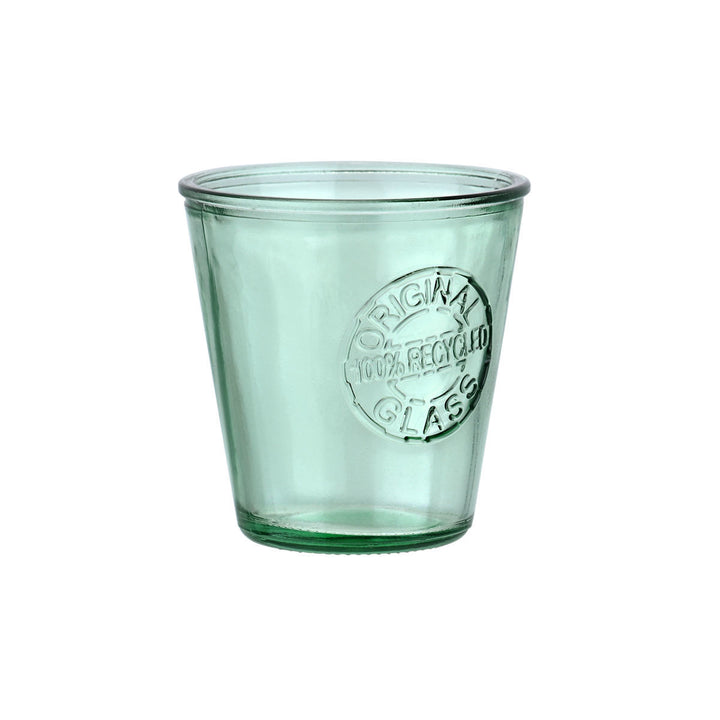 Πράσινο ποτήρι 260ml από ανακυκλωμένο γυαλί με vintage σχέδιο και ανάγλυφο λογότυπο “Original Glass”, σε φόντο λευκού στούντιο.
