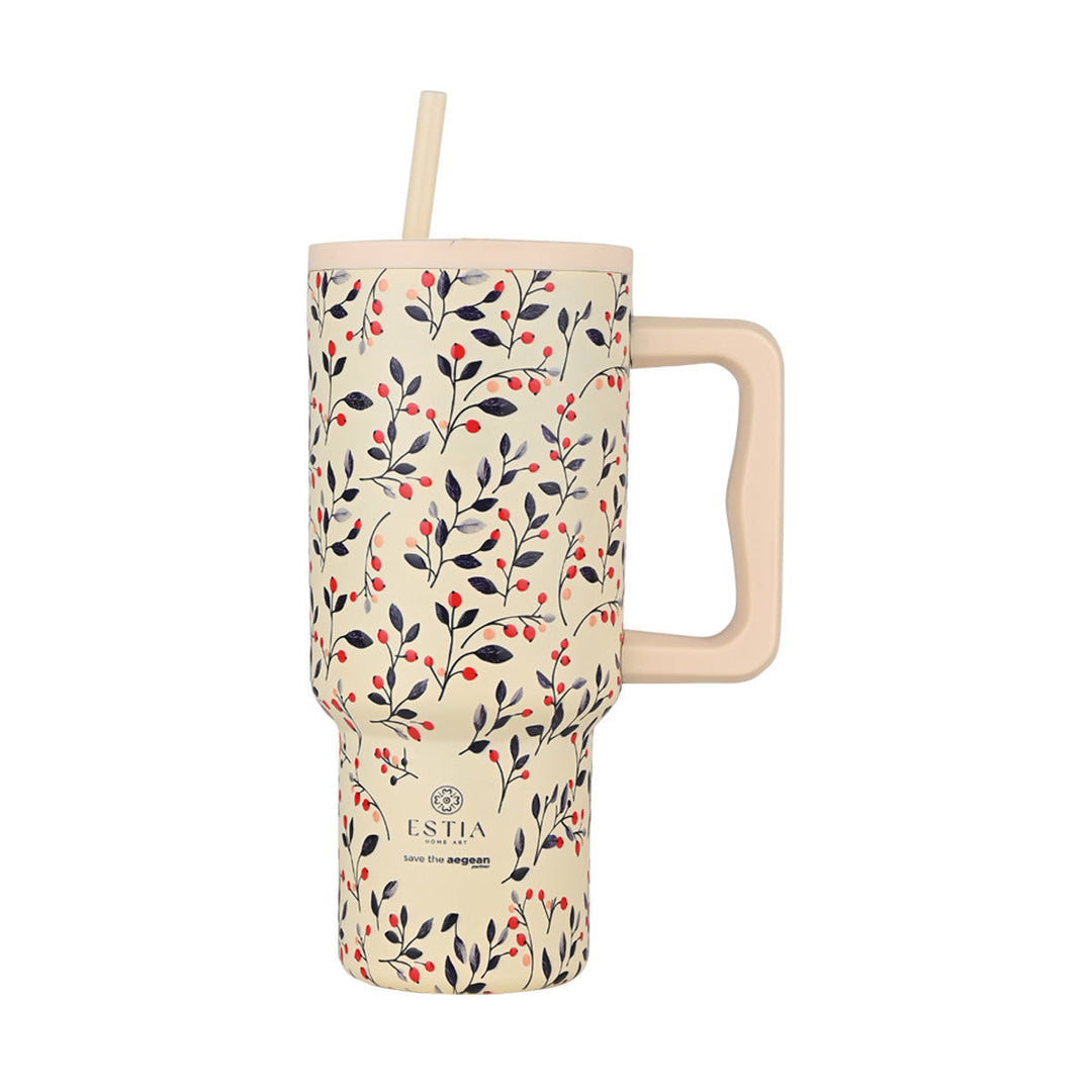 Estia Ποτήρι Θερμός Με Καλαμάκι & Χερούλι Save The Aegean 900ml Bloom Beige Straw Tumbler
