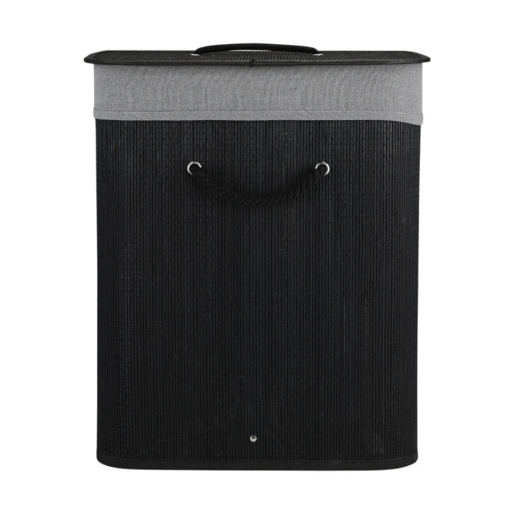 Καλάθι απλύτων Bamboo Essentials της Estia σε μαύρο χρώμα με γκρι ύφασμα στο επάνω μέρος και σχοινένιες χειρολαβές, τοποθετημένο σε λευκό φόντο.