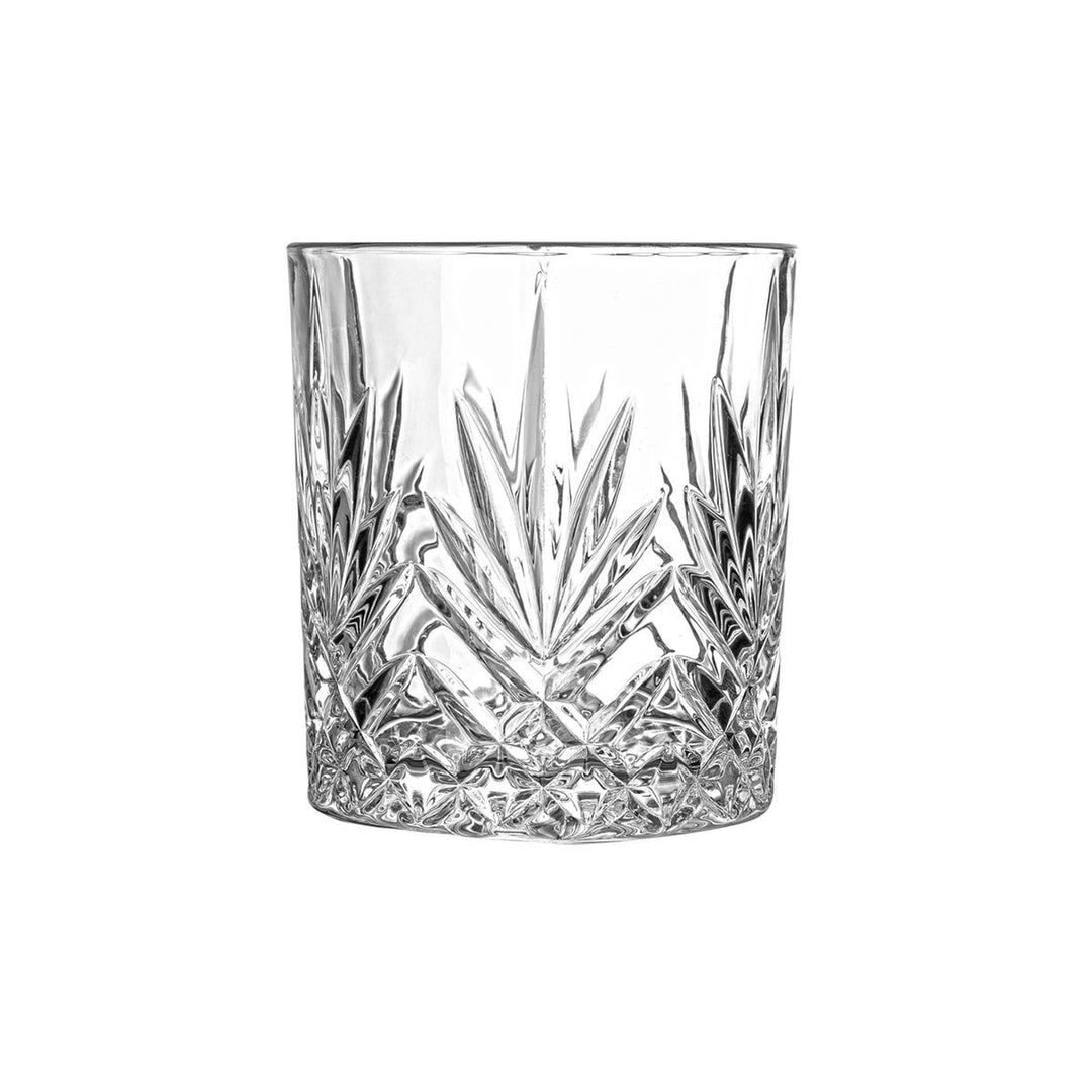Διαφανές γυάλινο ποτήρι old fashion 350ml με ανάγλυφες λεπτομέρειες και κλασική γραμμή, τοποθετημένο σε λευκό φόντο για καθαρή προβολή του σχεδίου.