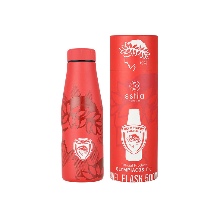 Θερμός Estia 500ml και η συσκευασία του, με κόκκινο design, λογότυπο Olympiacos BC και floral μοτίβο.