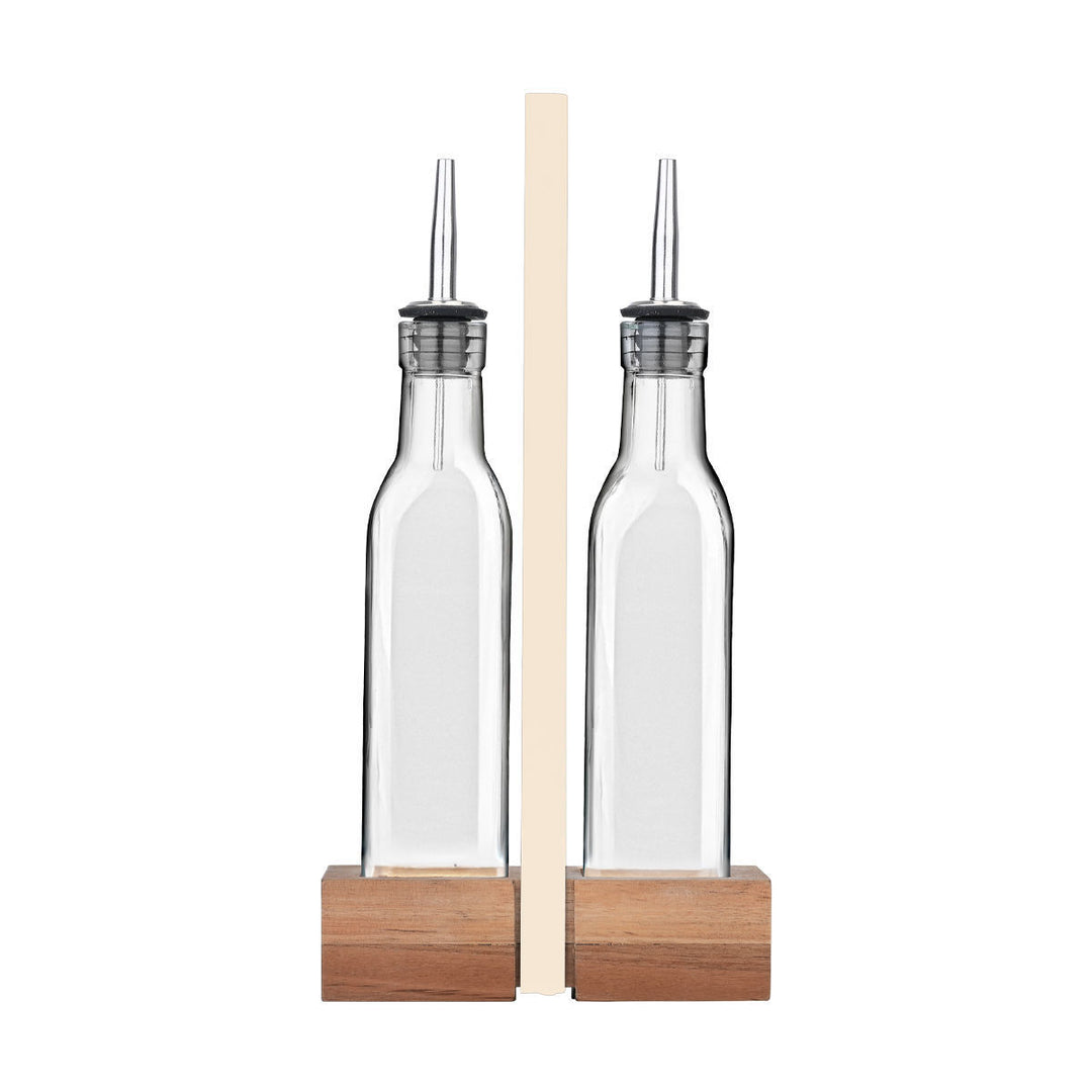 Μπουκάλια Γυάλινα Για Λάδι & Ξύδι Σετ 2τμχ 280ml Με Ξύλινη Βάση Allure Estia