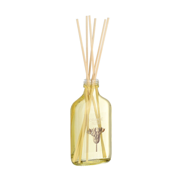 Γυάλινο αρωματικό χώρου Orange Bliss της Estia με ξύλινα στικς και minimal σχεδιασμό σε λευκό φόντο.