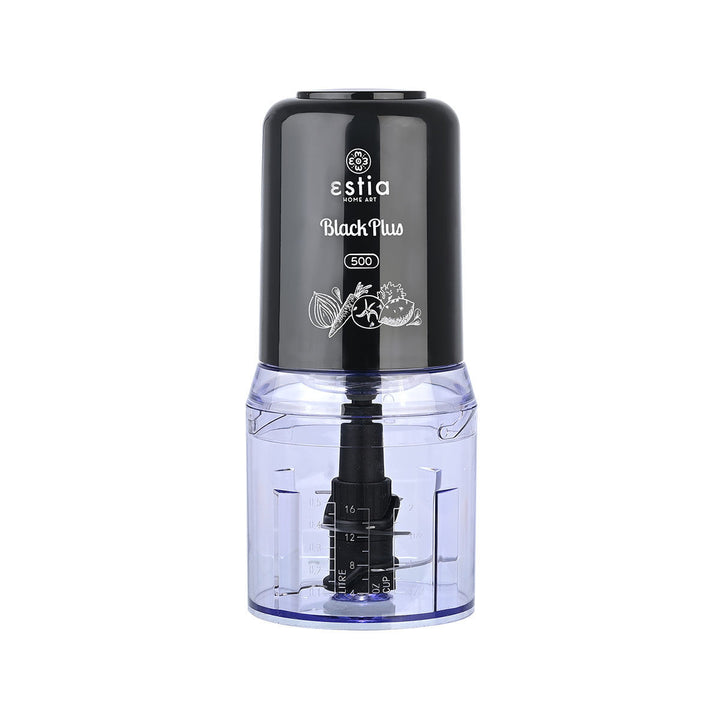 Πολυκόπτης Black Plus 400W της Estia με διαφανές μπολ 500ml και μαύρο καπάκι.