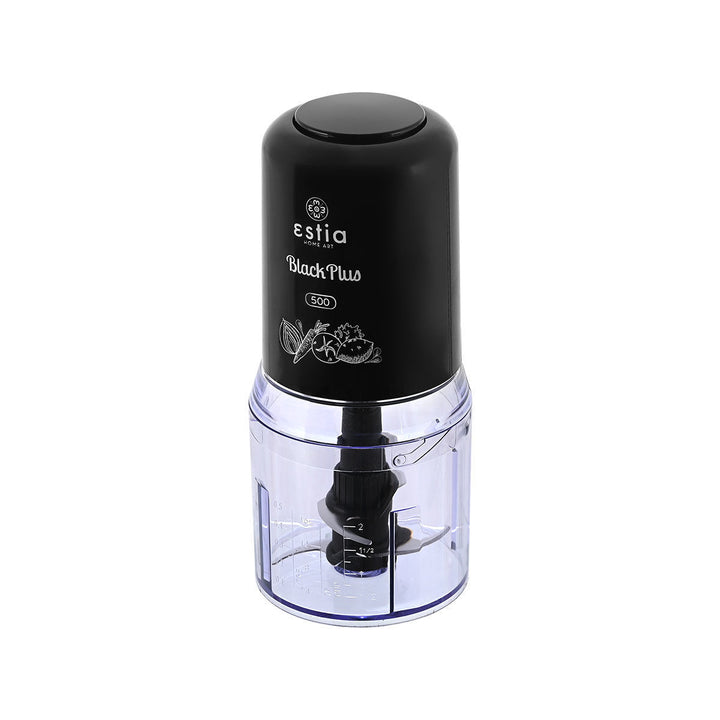 Ηλεκτρικός πολυκόπτης Estia Black Plus 400W με διάφανο δοχείο και σχέδια τροφίμων στο καπάκι.