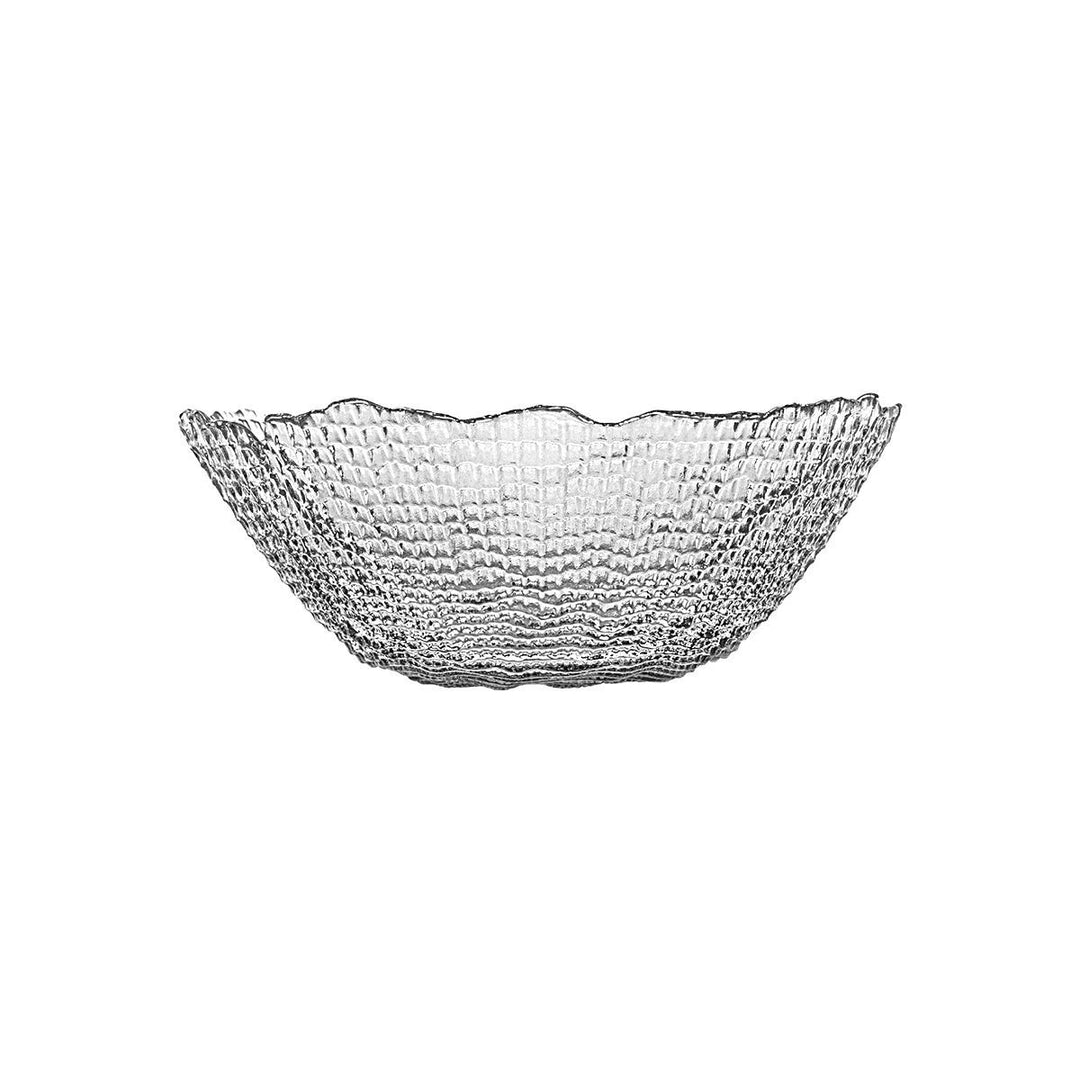 Διάφανο μπολ από γυαλί με textured επιφάνεια και διακοσμητικό κυματιστό χείλος.