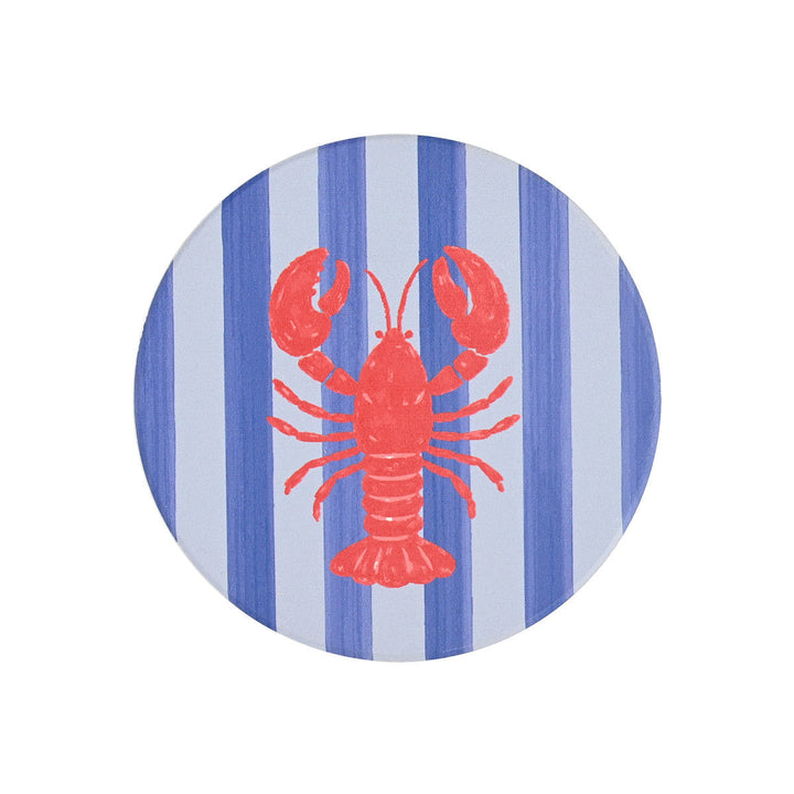 Στρογγυλό κεραμικό σουβέρ με μπλε και λευκές ρίγες και κόκκινο καβούρι σε καθαρό λευκό φόντο.