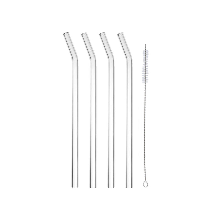 Τέσσερα διάφανα γυάλινα καλαμάκια Estia με καμπύλη και μεταλλικό βουρτσάκι καθαρισμού σε minimal παρουσίαση.