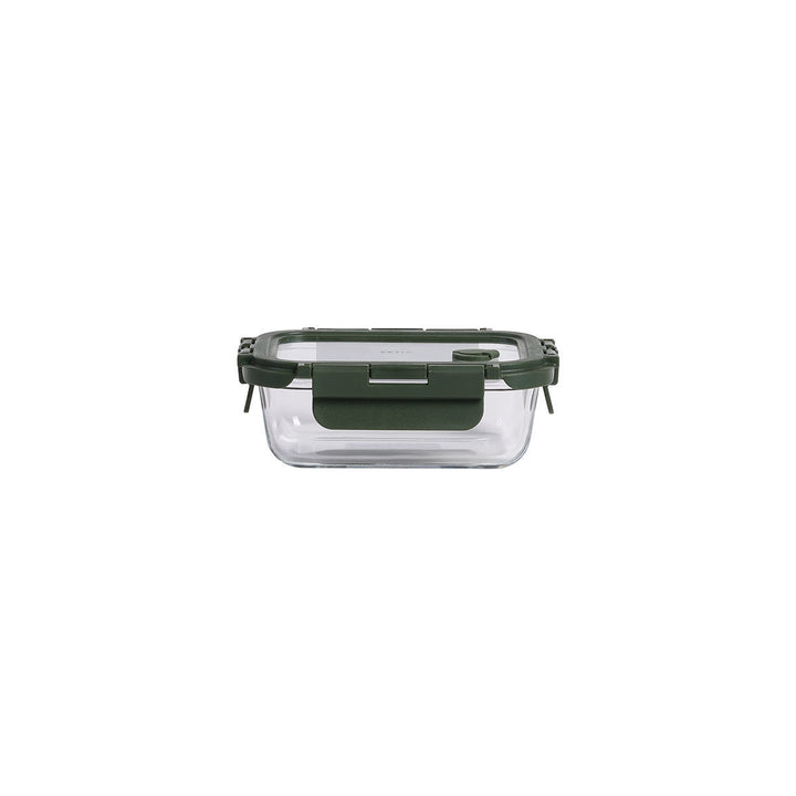 Γυάλινο φαγητοδοχείο Estia Click&Seal σε olive χρώμα με καπάκι ασφαλείας και αεραγωγό, σε λευκό φόντο.