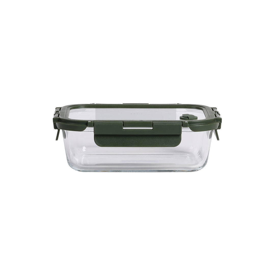 Γυάλινο φαγητοδοχείο Estia Click&Seal olive με καπάκι ασφαλείας και clips, τοποθετημένο σε καθαρό λευκό φόντο.