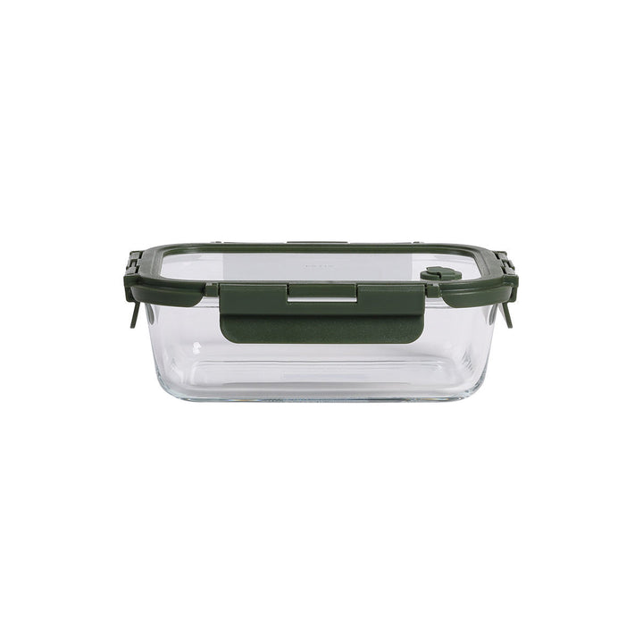 Γυάλινο φαγητοδοχείο Estia Click&Seal olive με καπάκι ασφαλείας και clips, τοποθετημένο σε καθαρό λευκό φόντο.