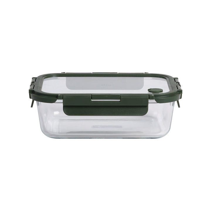 Γυάλινο φαγητοδοχείο Estia Click&Seal olive με καπάκι ασφαλείας και clips, τοποθετημένο σε καθαρό λευκό φόντο.