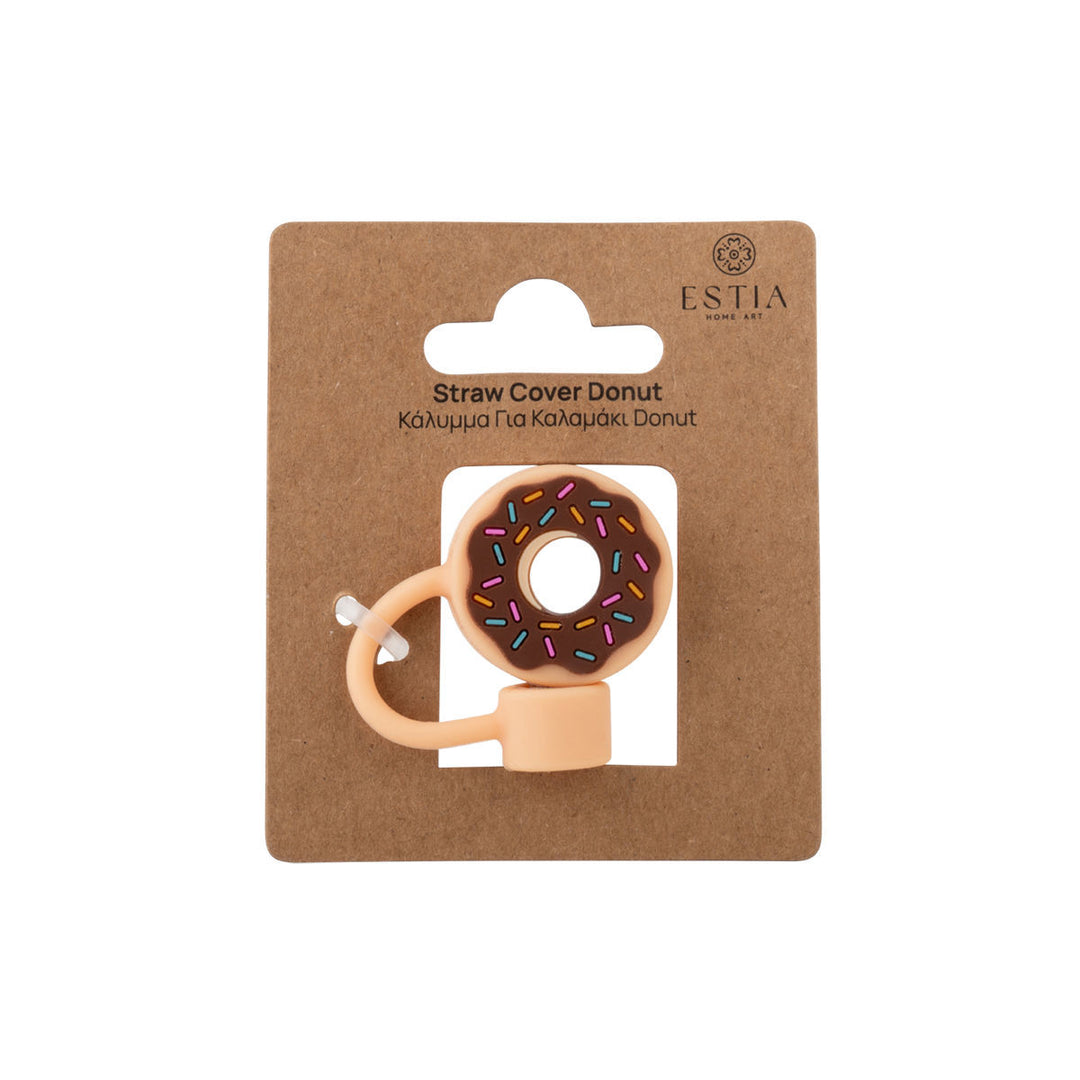Κάλυμμα για καλαμάκι Estia με σχέδιο donut και πολύχρωμη διακόσμηση, στη συσκευασία παρουσίασης του προϊόντος.