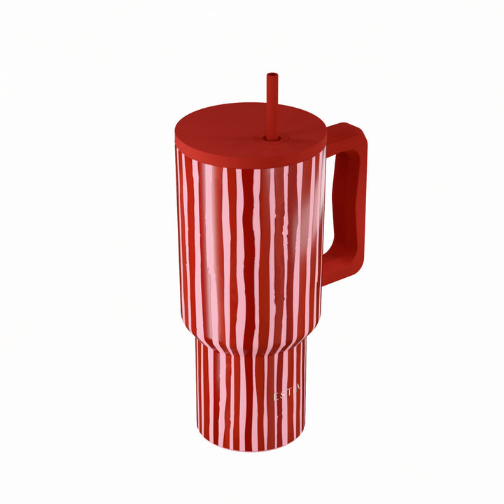 Θερμός Straw Tumbler XL Viva Stripe της Estia με γυαλιστερό φινίρισμα, καλαμάκι και έντονο ριγέ μοτίβο.