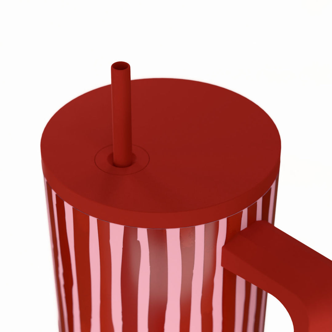 Κοντινή λήψη στο καπάκι και το σχέδιο Viva Stripe με κόκκινες και ροζ ρίγες σε μοντέρνο ύφος.