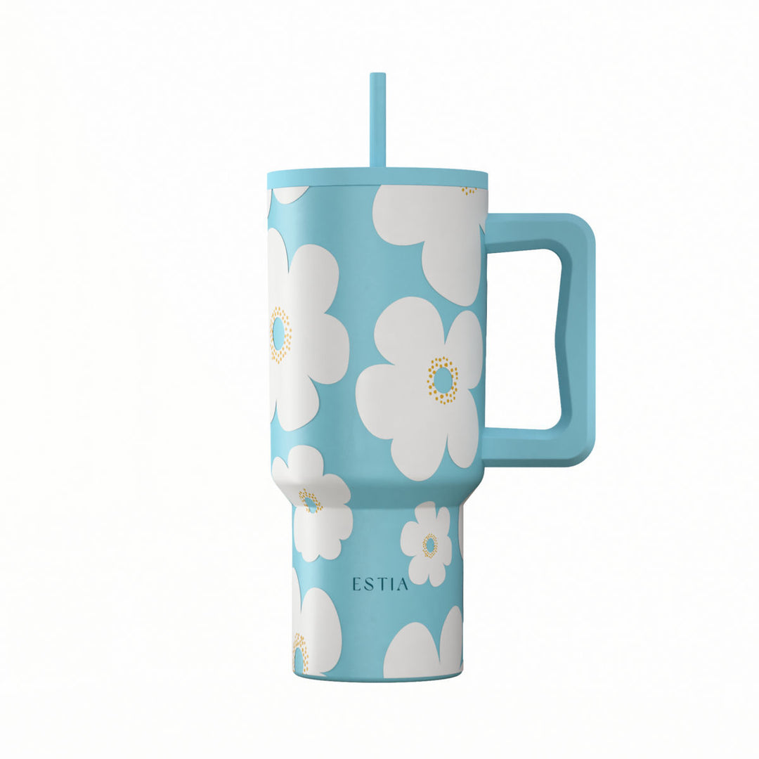 Estia Ποτήρι Θερμός Με Καλαμάκι & Χερούλι Save The Aegean Blue Daisy Straw Tumbler