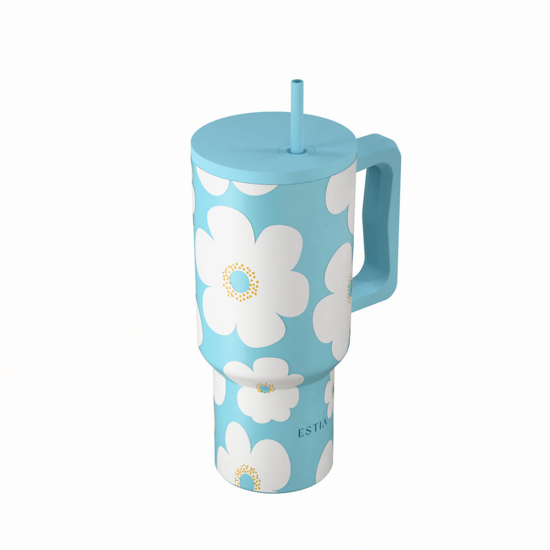 Θερμός Estia με σχέδιο Blue Daisy, λευκά λουλούδια σε γαλάζιο φόντο και εργονομική λαβή μεταφοράς.