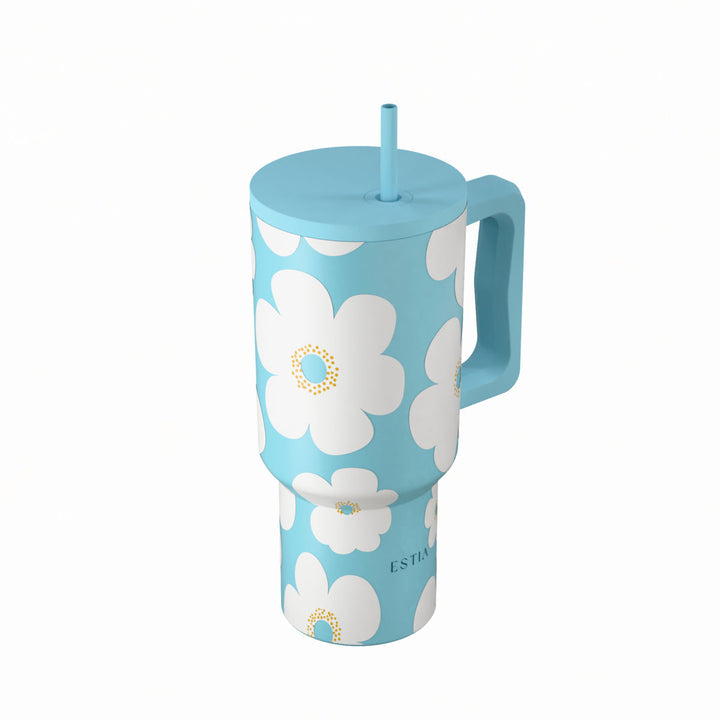 Θερμός Estia με σχέδιο Blue Daisy, λευκά λουλούδια σε γαλάζιο φόντο και εργονομική λαβή μεταφοράς.