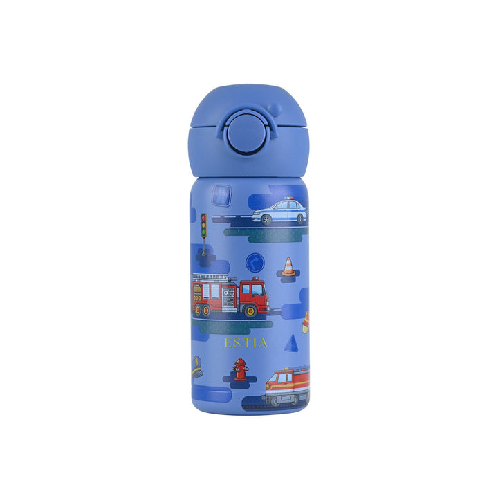 Παιδικό θερμός Estia Wonder Bottle 350ml με καλαμάκι, μπλε σχέδιο City Heroes με πυροσβεστικό, περιπολικό και οχήματα σε λευκό φόντο.