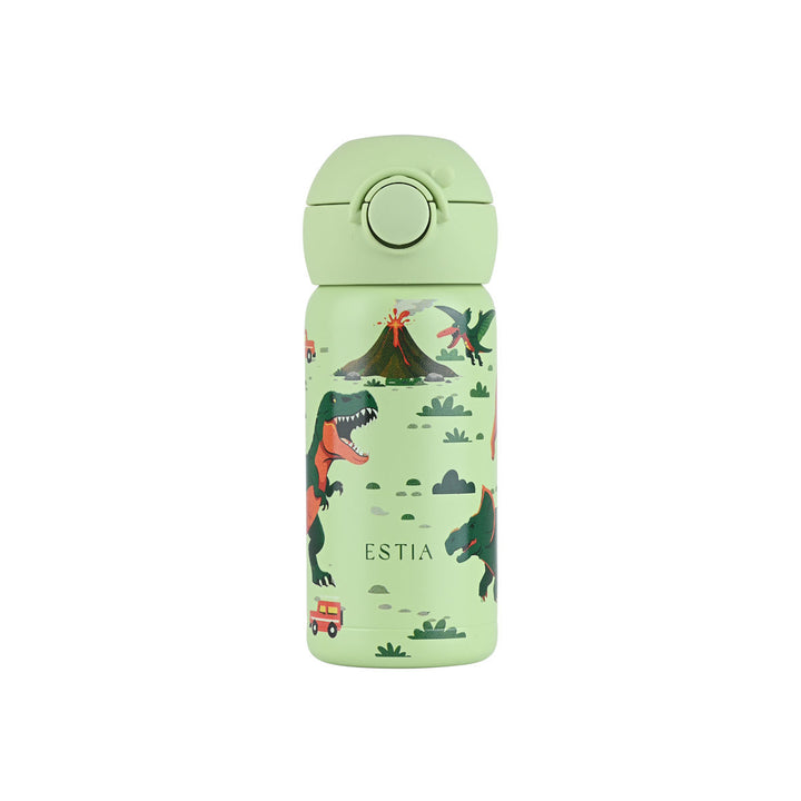 Παιδικό θερμός Estia Wonder Bottle 350ml Dino Explorer σε λαχανί χρώμα με σχέδιο δεινόσαυρους και ηφαίστειο σε λευκό φόντο.