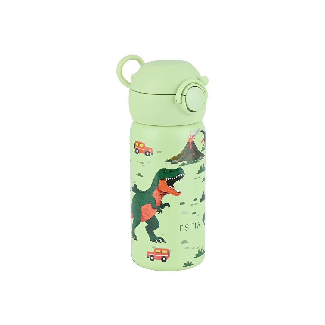 Παιδικό θερμός Estia Wonder Bottle 350ml Dino Explorer σε λαχανί χρώμα με σχέδιο δεινόσαυρους και ηφαίστειο σε λευκό φόντο.