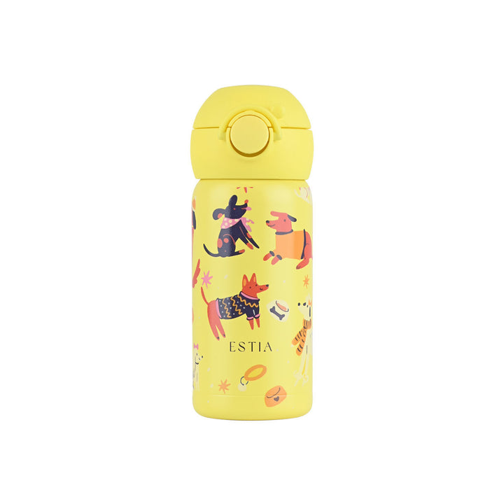 Παιδικό θερμός Estia Wonder Bottle 350ml Pet Party σε κίτρινο χρώμα με σχέδιο χαριτωμένα ζωάκια σε λευκό φόντο.
