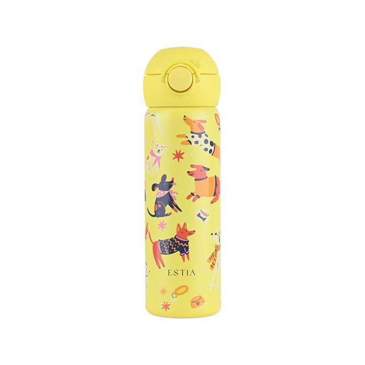 Παιδικό θερμός Estia Wonder Bottle 500ml Pet Party σε κίτρινο χρώμα με σχέδιο από σκυλάκια, γατάκια και παιχνιδιάρικες λεπτομέρειες σε λευκό φόντο.
