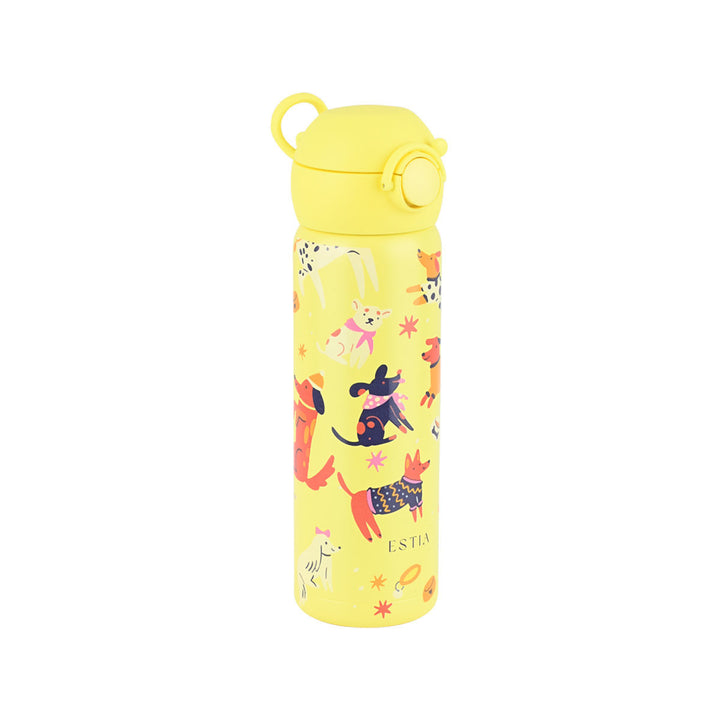 Πλάγια όψη του παιδικού θερμός Estia Wonder Bottle 500ml Pet Party με εργονομικές λαβές μεταφοράς και σχέδιο από χαριτωμένα κατοικίδια.