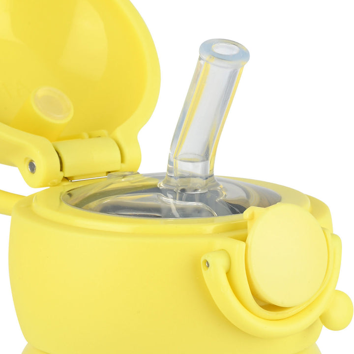 Ανοιχτό καπάκι του παιδικού θερμός Estia Wonder Bottle 500ml Pet Party με εύκαμπτο καλαμάκι σιλικόνης και 100% στεγανό σύστημα κλικ ασφαλείας.