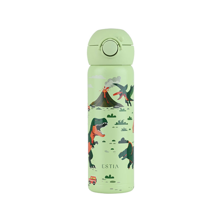 Παιδικό θερμός Estia Wonder Bottle 500ml Dino Explorer σε λαχανί χρώμα με σχέδιο δεινοσαύρων, ηφαιστείου και προϊστορικού τοπίου σε λευκό φόντο.