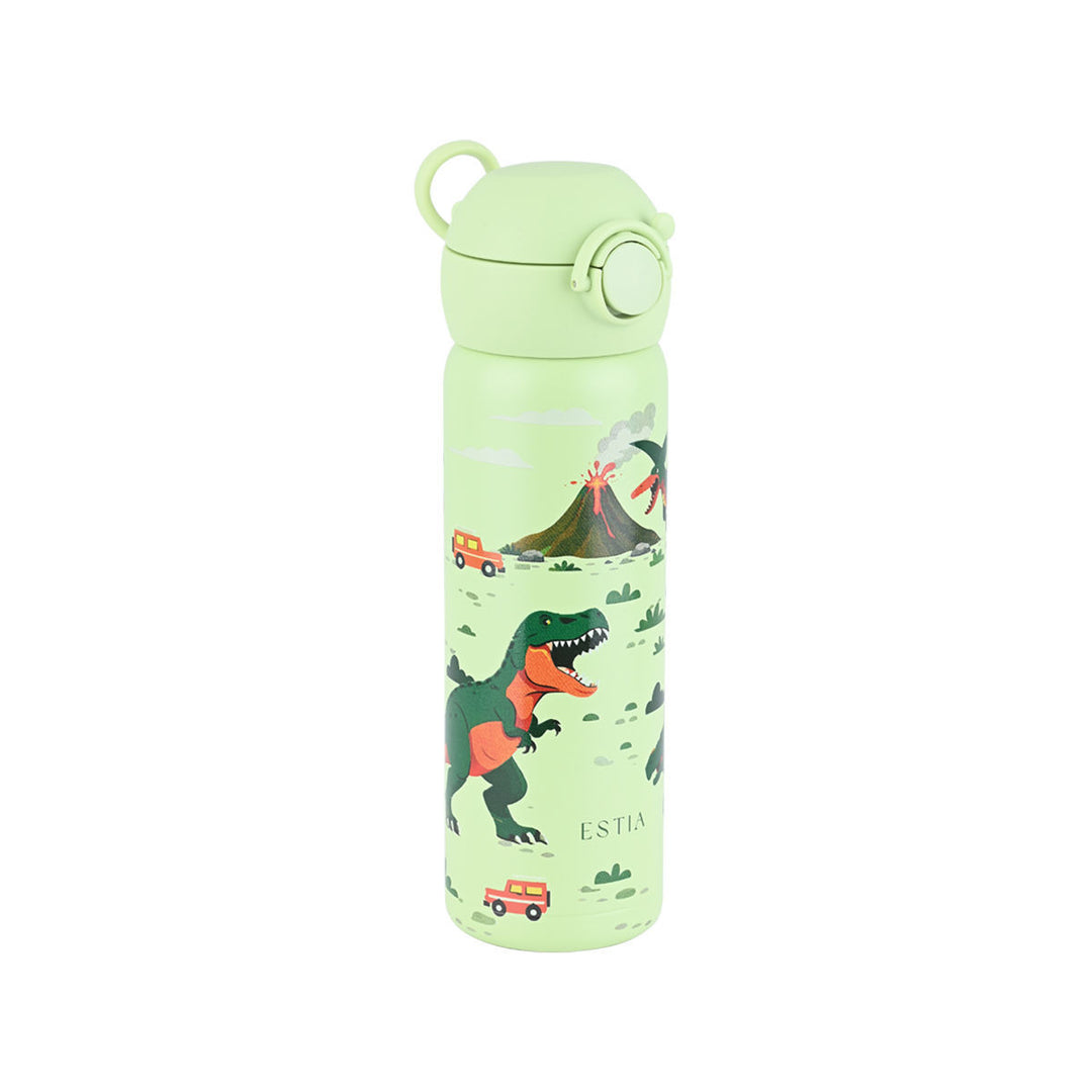 Πλάγια όψη του παιδικού θερμός Estia Wonder Bottle 500ml Dino Explorer με εργονομικές λαβές μεταφοράς και σχέδιο από δεινόσαυρους.