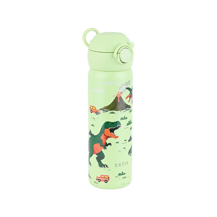 Πλάγια όψη του παιδικού θερμός Estia Wonder Bottle 500ml Dino Explorer με εργονομικές λαβές μεταφοράς και σχέδιο από δεινόσαυρους.