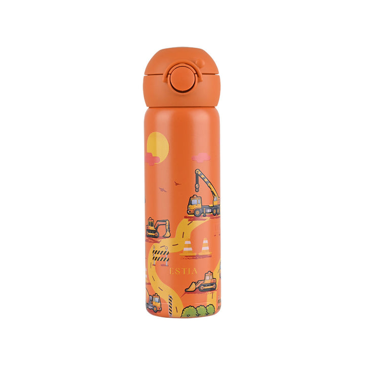 Παιδικό θερμός Estia Wonder Bottle 500ml The Big Build σε πορτοκαλί χρώμα με σχέδιο από εκσκαφείς, γερανούς και οχήματα έργων σε λευκό φόντο.