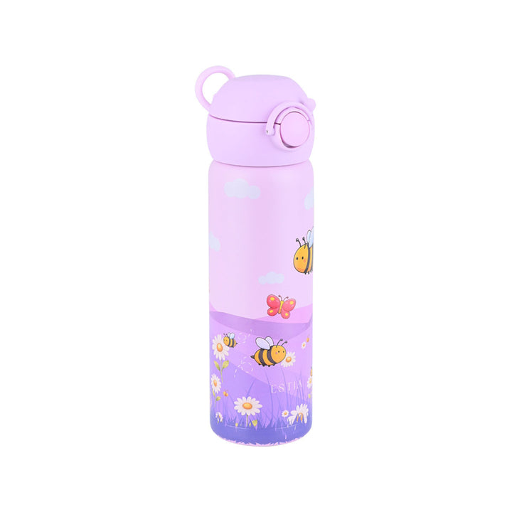 Πλάγια όψη του παιδικού θερμός Estia Wonder Bottle 500ml Garden Friends με εργονομικές λαβές μεταφοράς και σχέδιο με μελισσούλες και λουλούδια.