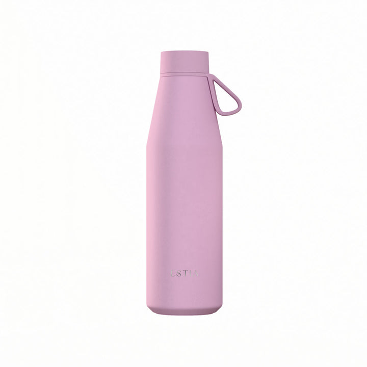 Μωβ θερμός Flow 500ml της Estia με ανοξείδωτη κατασκευή και πρακτική λαβή στο καπάκι σε λευκό φόντο.