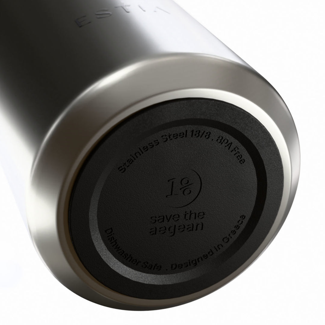 Αντιολισθητική βάση θερμός Flow Estia Save The Aegean 500ml Brushed από ανοξείδωτο ατσάλι 18/8 με σχεδίαση Save The Aegean.