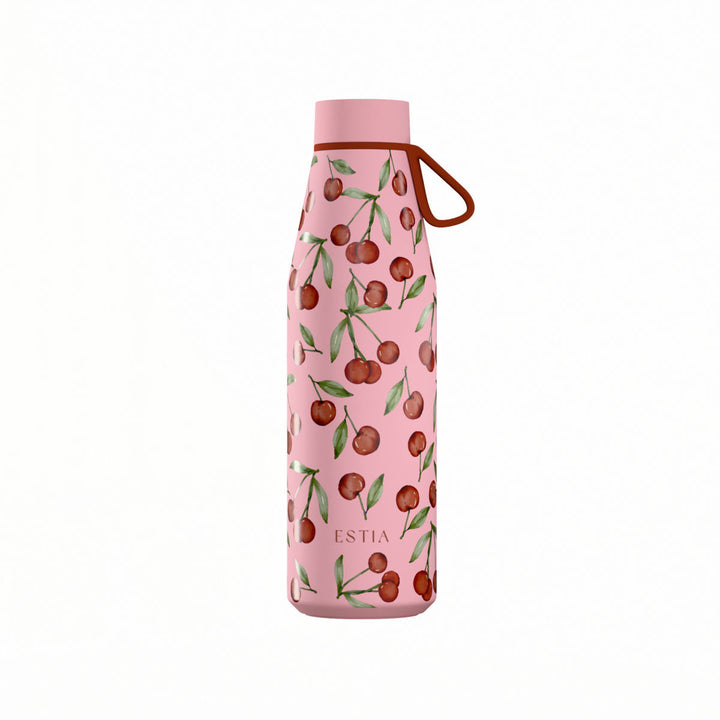 Θερμός Estia Flow Save The Aegean 500ml Cherry Rose σε ροζ χρώμα με σχέδιο κεράσια και λουράκι σιλικόνης.