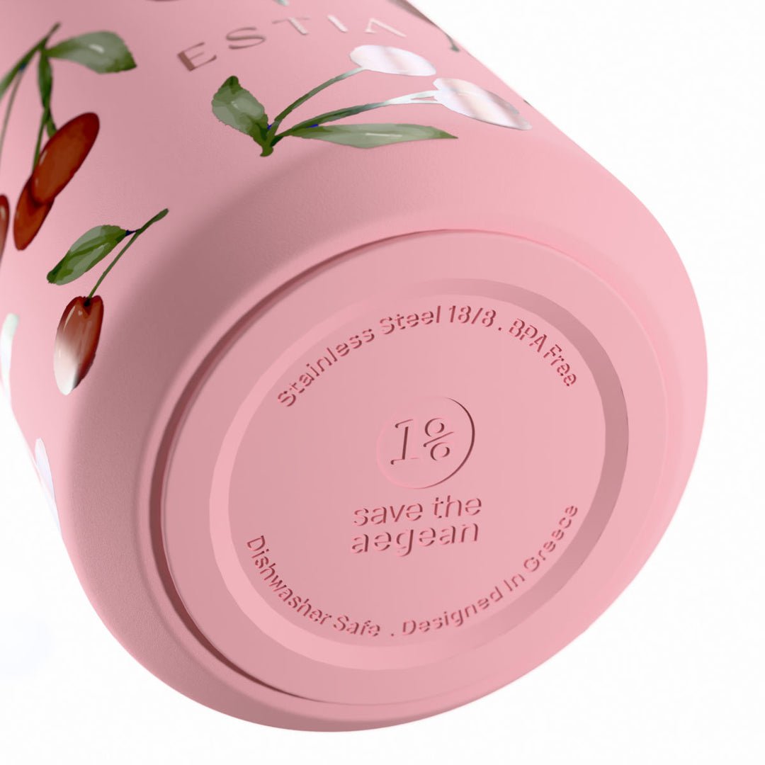 Αντιολισθητική βάση θερμός Flow Estia Save The Aegean 500ml Cherry Rose από ανοξείδωτο ατσάλι 18/8 με σχεδίαση Save The Aegean.