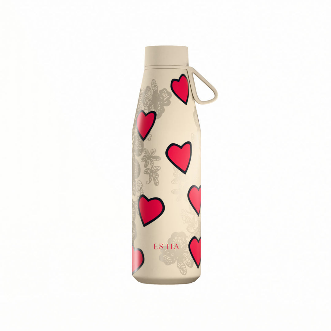 Estia Μπουκάλι Θερμός Flow 500ml Μπεζ με Κόκκινες Καρδιές Save the Aegean Tender Lace