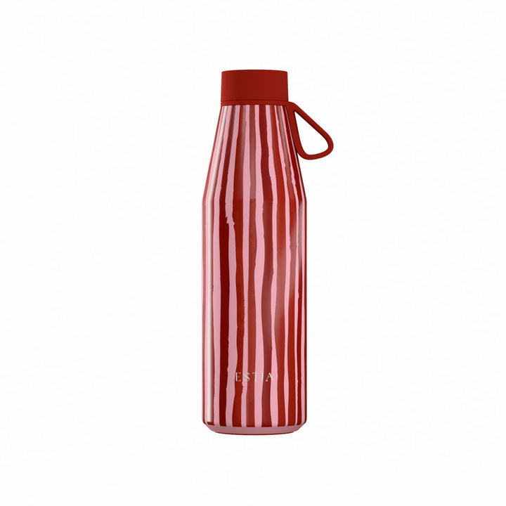 Θερμός Estia Flow Save The Aegean 500ml Viva Stripe με κάθετο ριγέ σχέδιο σε κόκκινες και ροζ αποχρώσεις, κόκκινο καπάκι και λουράκι σιλικόνης.