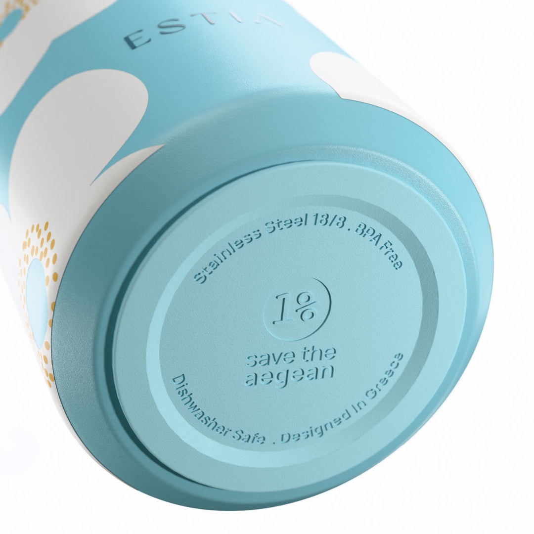 Αντιολισθητική βάση θερμός Flow Estia Save The Aegean 500ml Blue Daisy από ανοξείδωτο ατσάλι 18/8 με σχεδίαση Save The Aegean.
