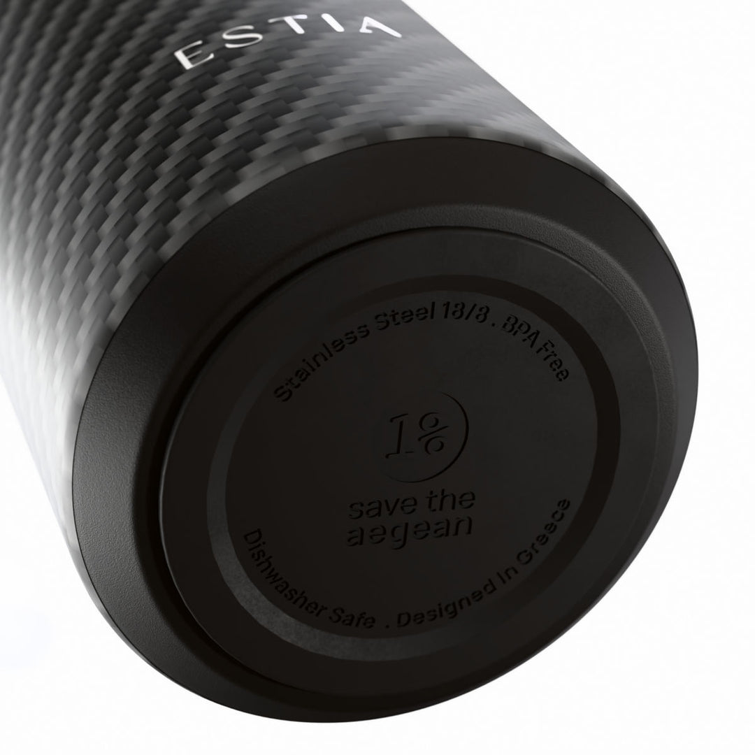 Αντιολισθητική βάση θερμός Flow Estia Save The Aegean 500ml Carbon Fibre με ανοξείδωτο ατσάλι 18/8 και σχεδίαση Save The Aegean.