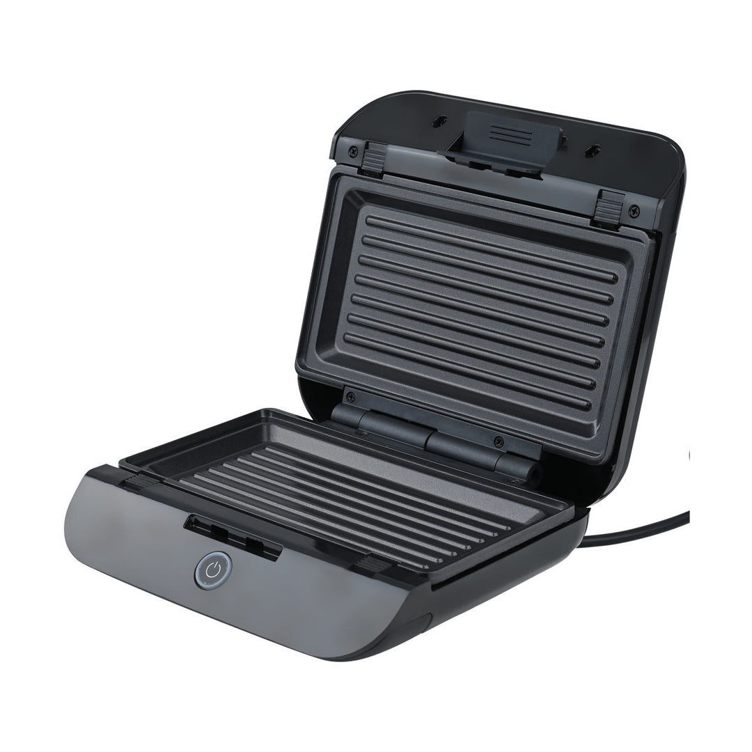 Ανοιχτή τοστιέρα Estia Black Inox 2 θέσεων 800W με αντικολλητικές ραβδωτές πλάκες για ομοιόμορφο ψήσιμο τοστ και σάντουιτς.