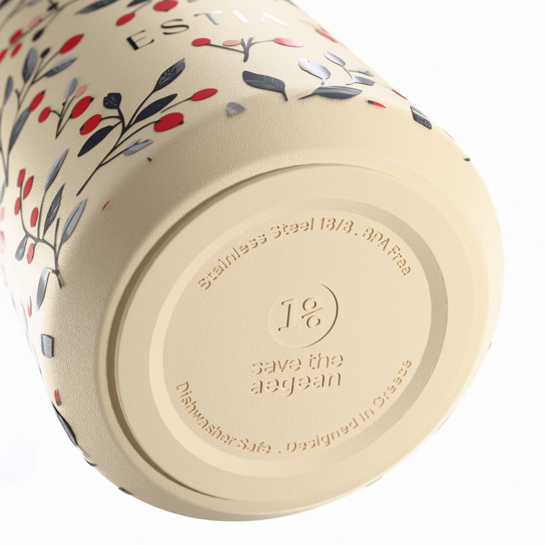 Αντιολισθητική βάση θερμός Flow Estia Save The Aegean 500ml Bloom Beige από ανοξείδωτο ατσάλι 18/8 με σχεδίαση Save The Aegean.