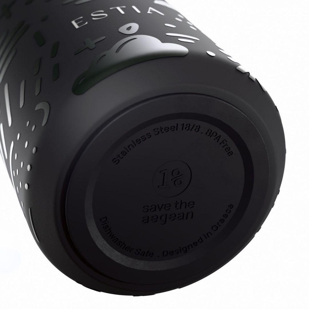 Αντιολισθητική βάση θερμός Flow Estia Save The Aegean 500ml Noir Echo από ανοξείδωτο ατσάλι 18/8 με σχεδίαση Save The Aegean.