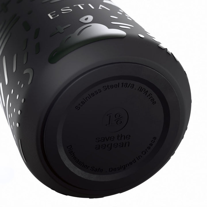 Αντιολισθητική βάση θερμός Flow Estia Save The Aegean 500ml Noir Echo από ανοξείδωτο ατσάλι 18/8 με σχεδίαση Save The Aegean.