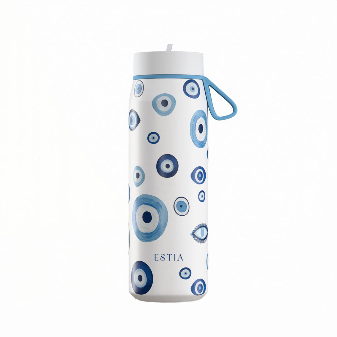 Estia Μπουκάλι Θερμός με Καλαμάκι Pulse 500ml Λευκό με Σχέδιο Μάτια Save the Aegean Spirit of Luck
